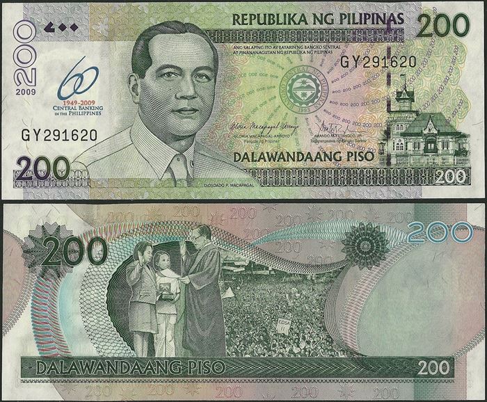 Picture of Philippines,P203a,B1059,200 Piso,2009,Comm,60 Annv