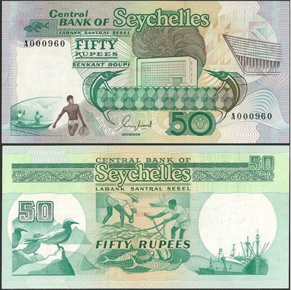 Picture of Seychelles,P34,B407a,50 Rupees,1989,A prefix