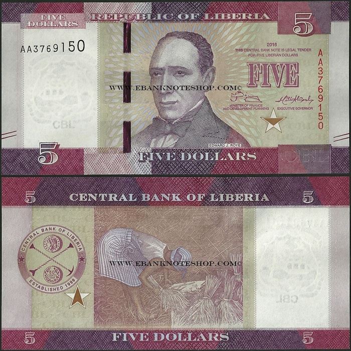 Picture of Liberia,P31a,B311a,5 Dollars,2016,AA