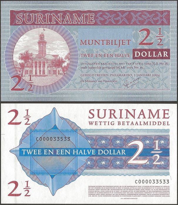Picture of Suriname,P156,Bx,2.5 Dollar,2004